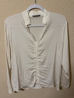 Elie Tahari Ivory Ruched V-Neck Long Sleeve Blouse large
